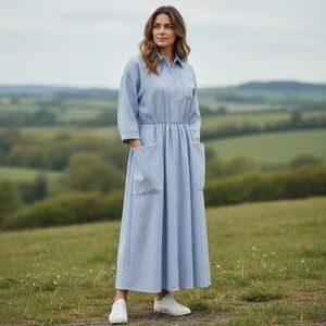 Vintage Jackie Bernard Eklektic Woman's 4 Blue White Striped Maxi Shirt Dress